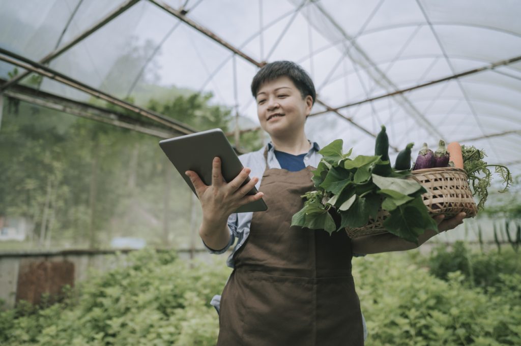 asian mid adult woman examining her organic farm growth with digital tablet eco-friendly seo