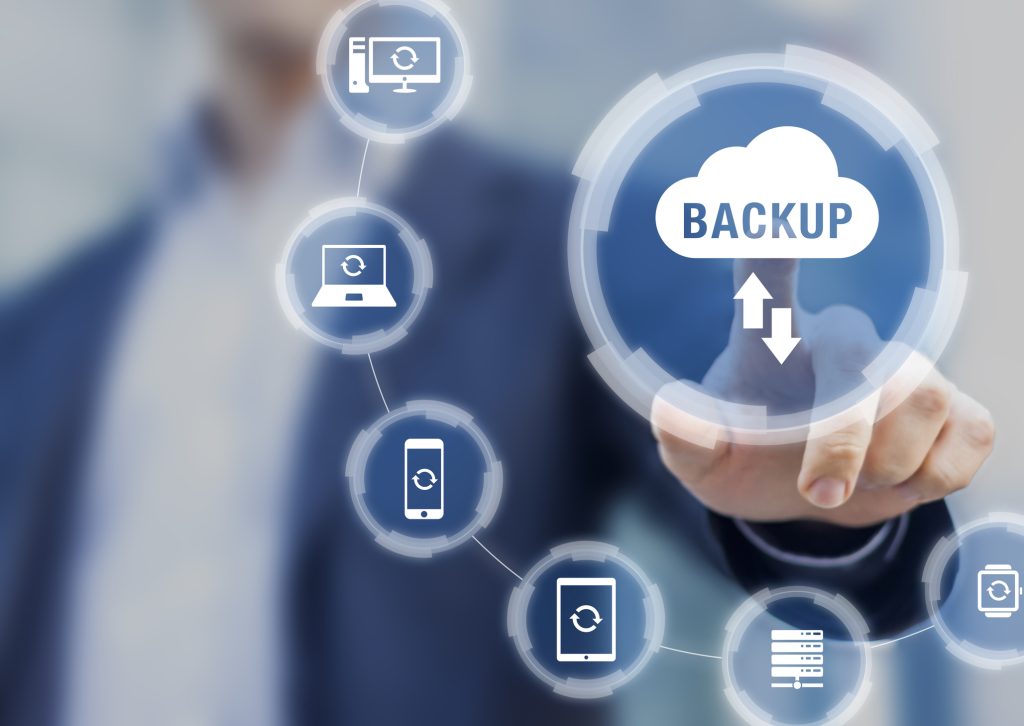 Backup files and data on internet with cloud storage technology that sync all online devices and computers with network connection, protection against loss, business person touch screen icon concept bend Oregon disaster recovery